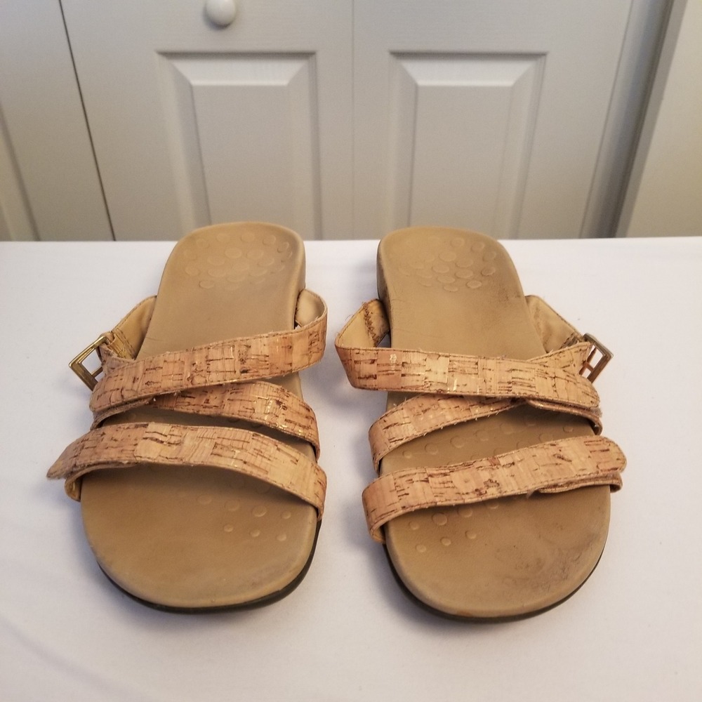 Vionic Rest Amber Cork Metallic Gold Adjustable Slide Sandals Women Size 9
